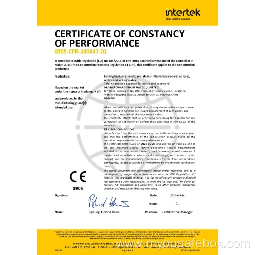 CE Security Euro Fire Rated Stainless Steel Safe Mortise Handle